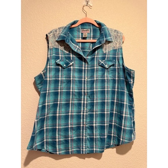 Wrangler Plaid Western‎ Shirt Sleeveless Lace Shoulders Pearl snap Sz XXL 1869 - Picture 1 of 6